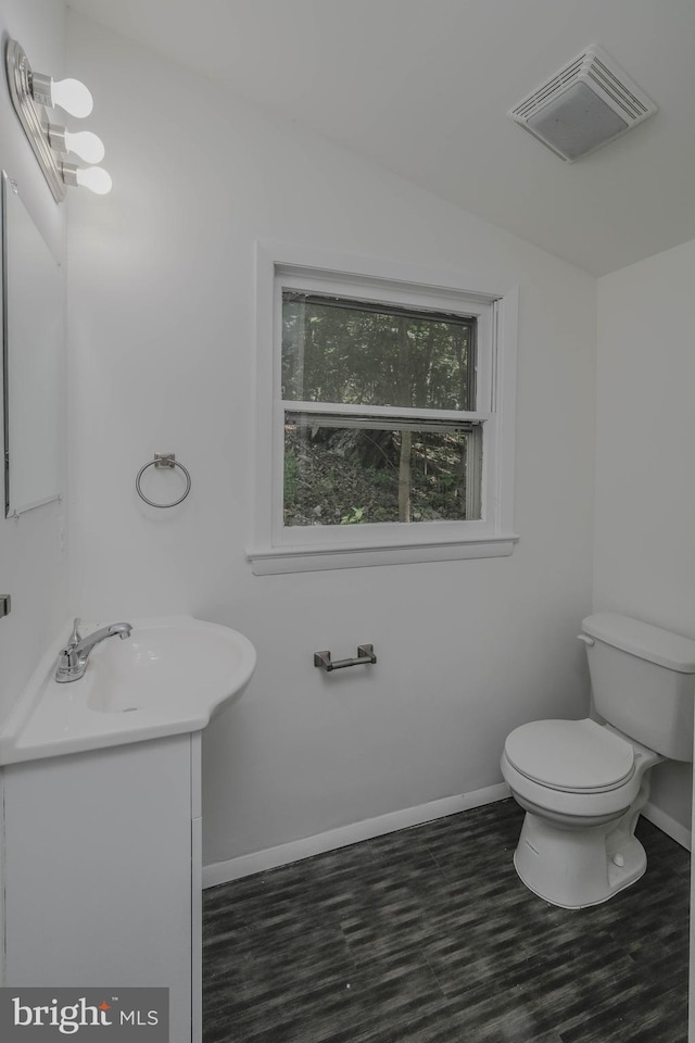 bathroom featuring hardwood / wood-style flooring, vanity, and toilet