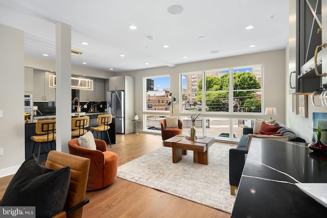 living room with light hardwood / wood-style flooring