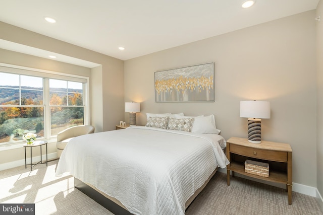 bedroom with light colored carpet