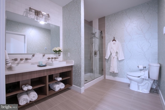 bathroom featuring an enclosed shower, toilet, tasteful backsplash, and vanity