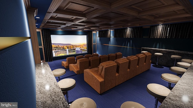 home theater featuring crown molding, coffered ceiling, carpet floors, and beamed ceiling