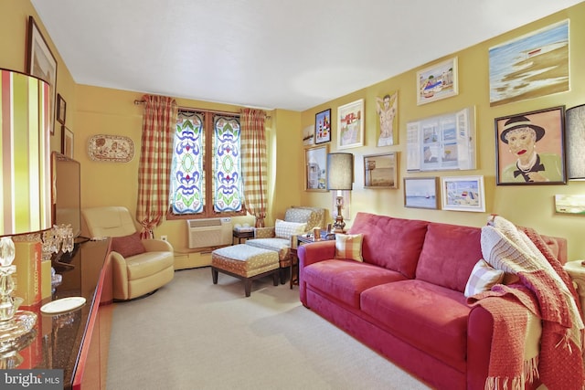 living room featuring carpet floors, baseboard heating, and a wall mounted AC