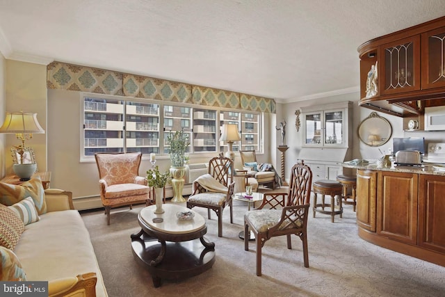 carpeted living room featuring a textured ceiling, plenty of natural light, a baseboard heating unit, and ornamental molding