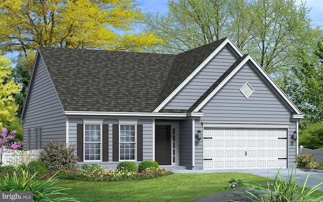 view of front of home with a front lawn and a garage