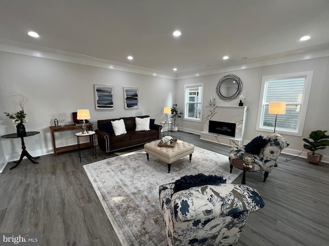 living room with a high end fireplace, dark hardwood / wood-style floors, and ornamental molding