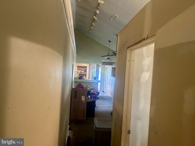 hallway featuring carpet floors, rail lighting, and lofted ceiling