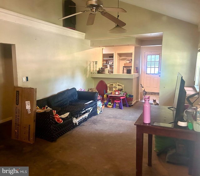 game room with ceiling fan, carpet flooring, and high vaulted ceiling