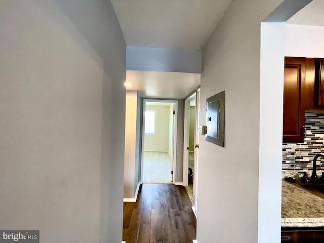 hall with dark hardwood / wood-style floors and electric panel