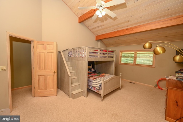 carpeted bedroom featuring lofted ceiling with beams, ceiling fan, and wooden ceiling