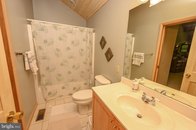 full bathroom featuring vanity, wooden ceiling, tile patterned floors, vaulted ceiling, and shower / tub combo