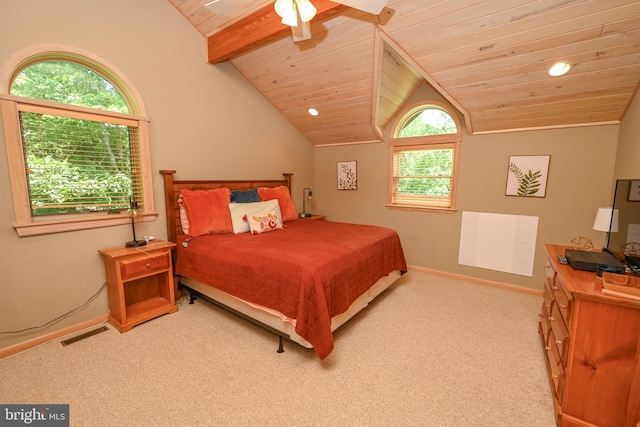 bedroom featuring vaulted ceiling with beams, light carpet, ceiling fan, and wooden ceiling