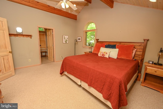 bedroom with light carpet, high vaulted ceiling, ceiling fan, and beamed ceiling