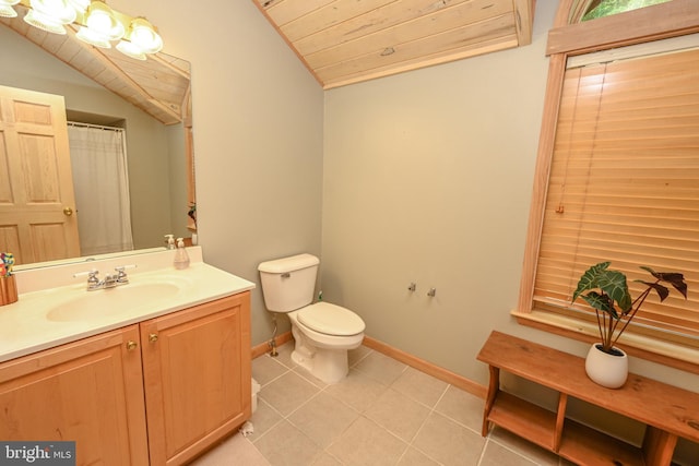 bathroom featuring wooden ceiling, tile patterned floors, vaulted ceiling, toilet, and vanity