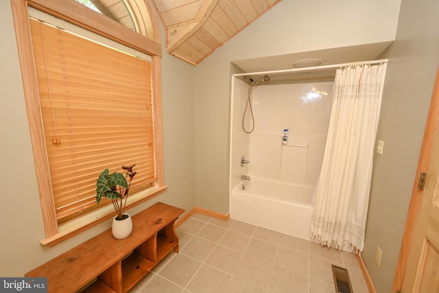 bathroom with tile patterned floors, shower / bath combo, wooden ceiling, and vaulted ceiling