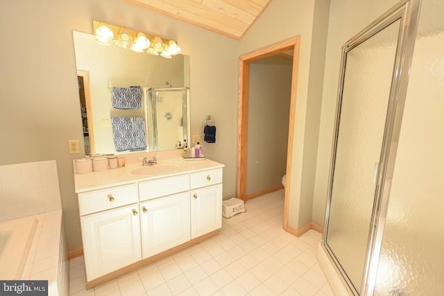 bathroom featuring vanity, vaulted ceiling, a shower with door, wooden ceiling, and tile patterned flooring