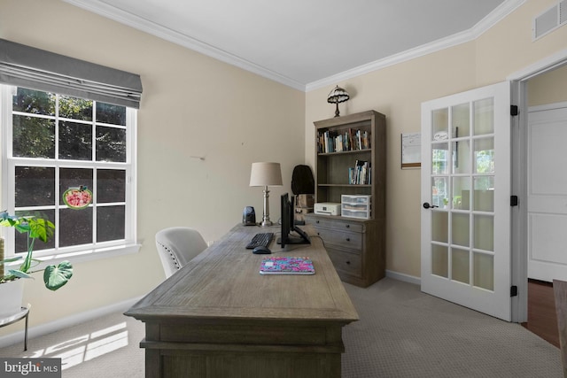 home office with light colored carpet and ornamental molding