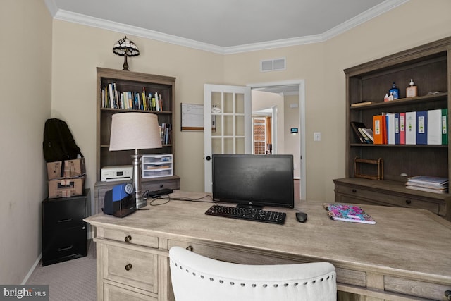 office featuring light colored carpet and crown molding