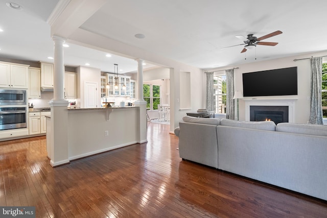 living room featuring ceiling fan and dark hardwood / wood-style floors