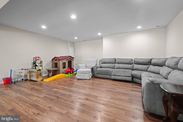 living room with a fireplace and hardwood / wood-style flooring