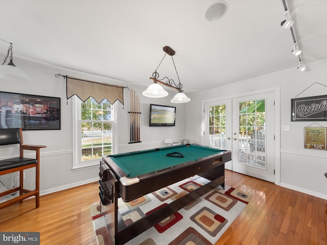 recreation room with french doors, rail lighting, light hardwood / wood-style flooring, and a wealth of natural light