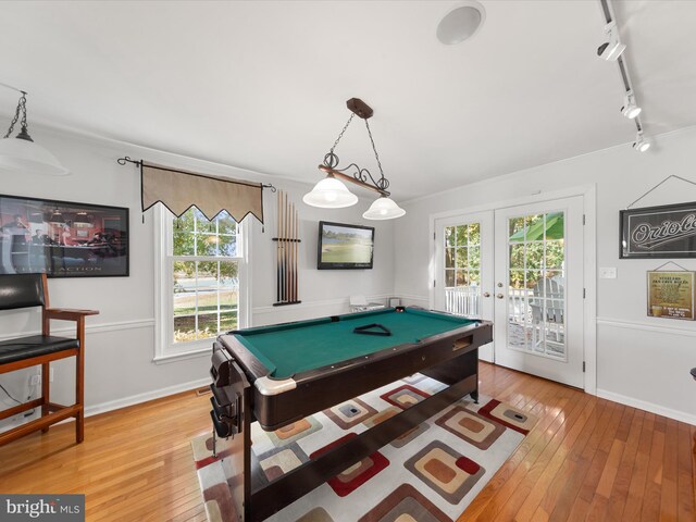30602 Foxchase Dr, Salisbury, MD 21804 - recreation room with rail lighting, french doors, pool table, a wealth of natural light, and light wood-type flooring