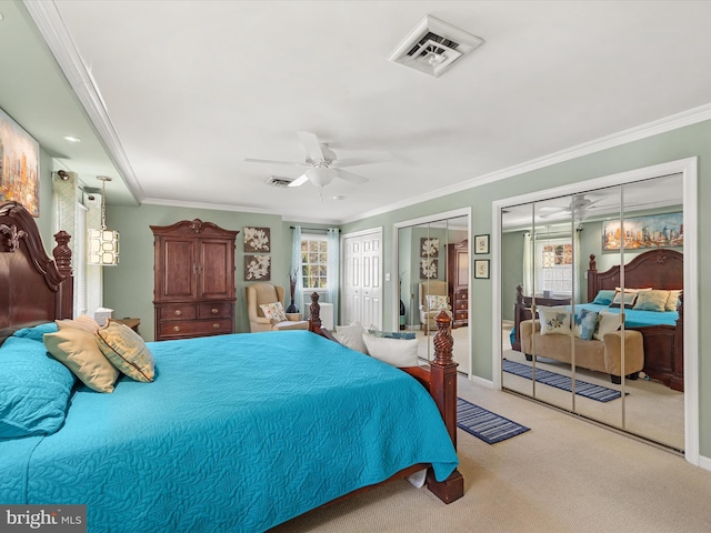 carpeted bedroom with crown molding, multiple windows, and ceiling fan