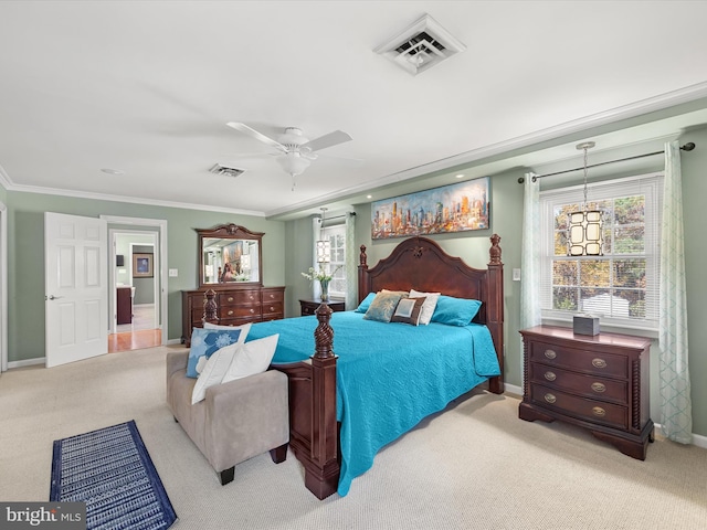 carpeted bedroom with crown molding, multiple windows, and ceiling fan