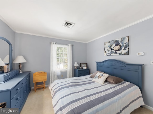 carpeted bedroom with ornamental molding