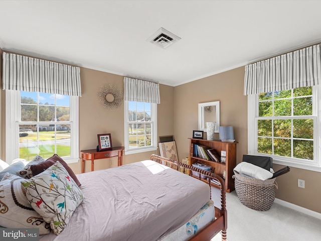 bedroom with crown molding, multiple windows, and carpet floors