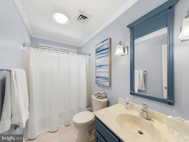 bathroom with toilet, crown molding, vanity, and tile patterned flooring