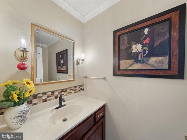 30602 Foxchase Dr, Salisbury, MD 21804 - bathroom with crown molding, vanity, and tasteful backsplash