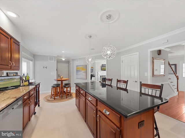 30602 Foxchase Dr, Salisbury, MD 21804 - kitchen featuring crown molding, a breakfast bar area, dishwasher, and visible vents