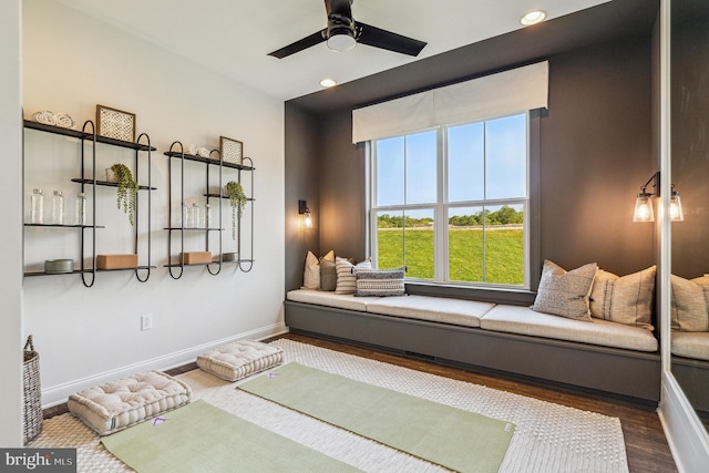 workout room with dark hardwood / wood-style floors and ceiling fan