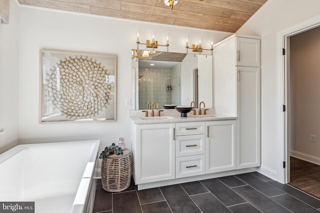 bathroom featuring wooden ceiling, hardwood / wood-style floors, vanity, and independent shower and bath