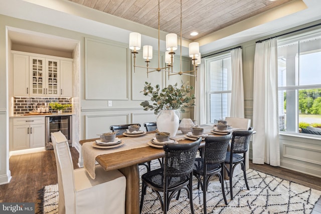 dining area with wine cooler, a notable chandelier, dark wood-type flooring, and wood ceiling