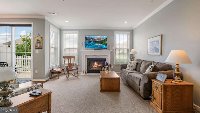 living room with a fireplace, plenty of natural light, and crown molding