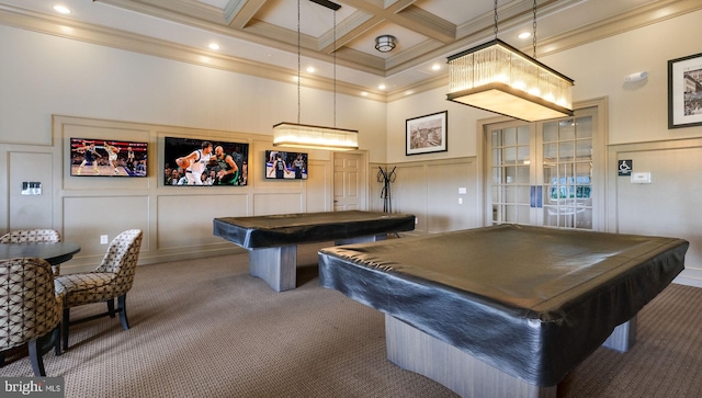 playroom featuring carpet floors, crown molding, pool table, and coffered ceiling