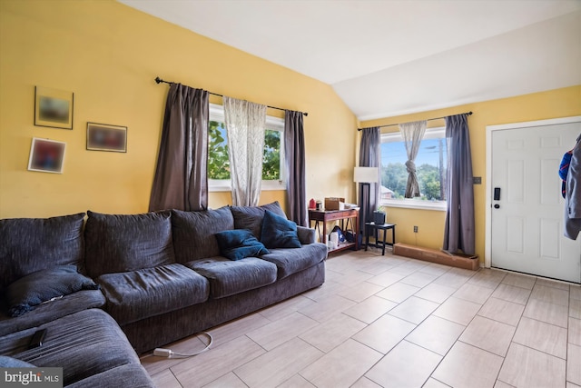 living room with lofted ceiling and a healthy amount of sunlight