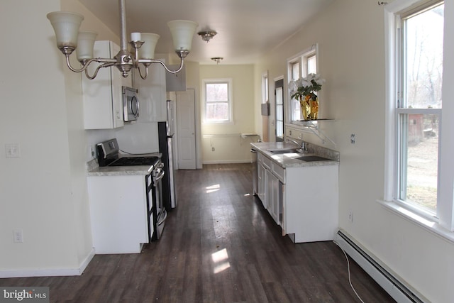 kitchen with sink, stainless steel appliances, baseboard heating, dark hardwood / wood-style flooring, and white cabinets