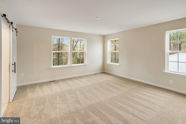 carpeted spare room with a barn door