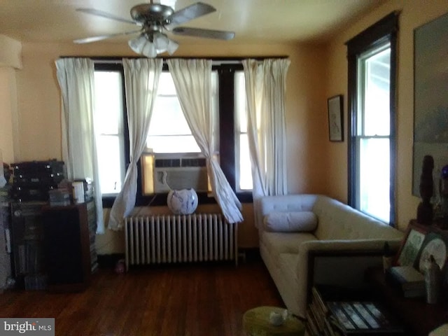 living area with ceiling fan, plenty of natural light, dark hardwood / wood-style floors, and radiator