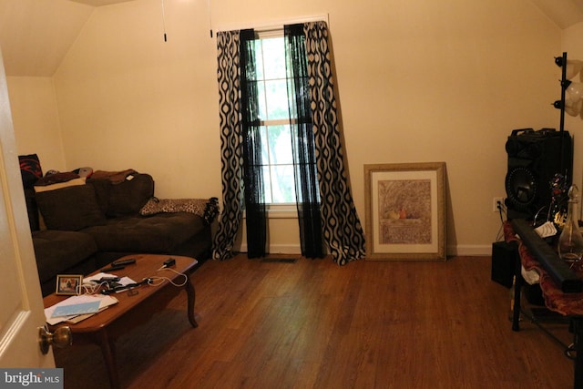 living room with lofted ceiling and dark wood-type flooring