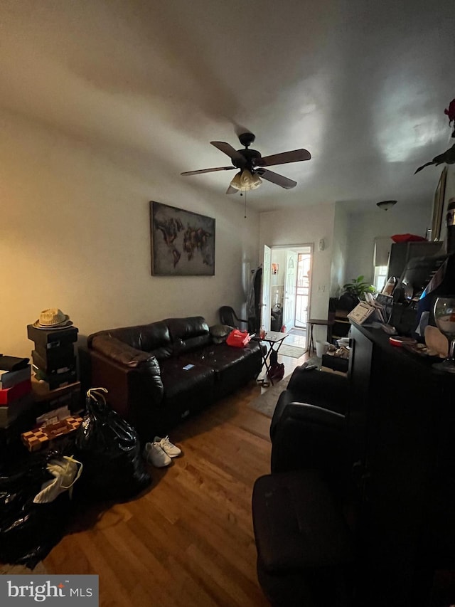 living room featuring ceiling fan and wood-type flooring