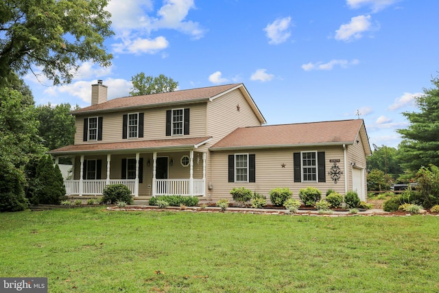 view of front of property featuring a front yard, a porch, and a garage