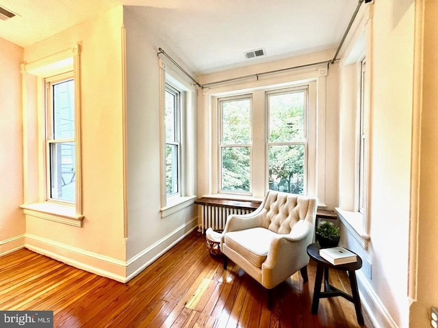 sitting room with wood-type flooring, radiator heating unit, and a wealth of natural light