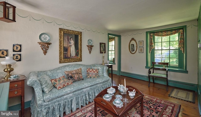 living room featuring hardwood / wood-style flooring and a baseboard heating unit