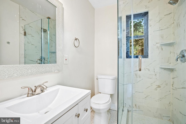 bathroom with walk in shower, tile patterned floors, vanity, and toilet