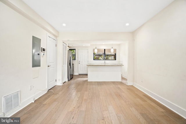 unfurnished living room featuring electric panel, sink, and light hardwood / wood-style floors