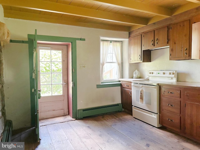 kitchen with beam ceiling, light hardwood / wood-style flooring, white range with electric stovetop, and a baseboard heating unit