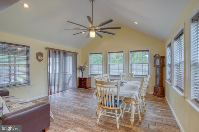 dining space with light hardwood / wood-style flooring, ceiling fan, and lofted ceiling